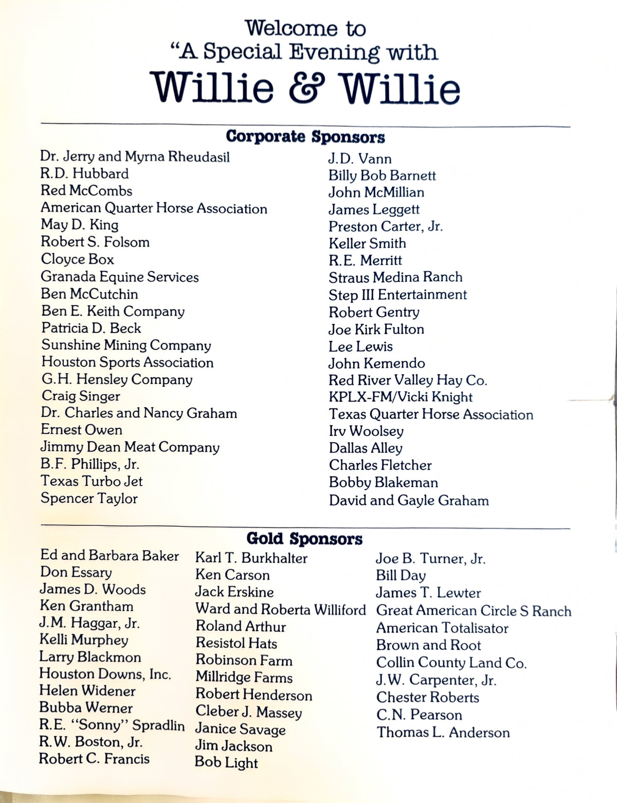 Back of Texas Horse Racing Association ‘A Special Evening with Willie & Willie’ invitation listing corporate and gold sponsors