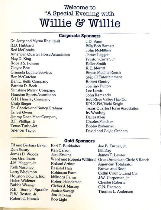 Back of Texas Horse Racing Association ‘A Special Evening with Willie & Willie’ invitation listing corporate and gold sponsors