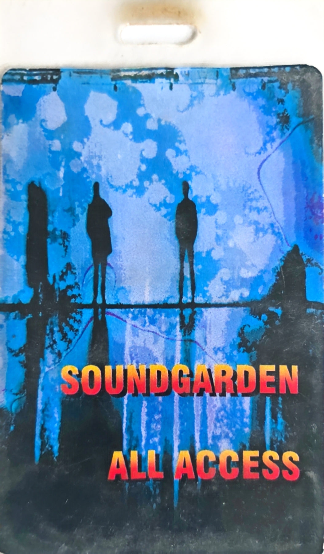 Soundgarden Down on the Upside World Tour All Access Pass – front, blue watercolor silhouette artwork, yellow/red gradient text