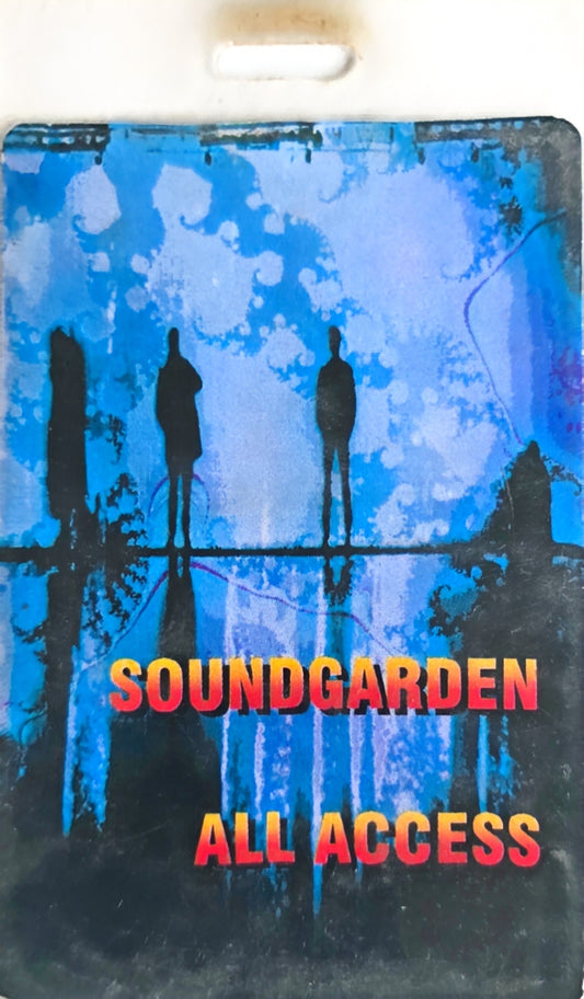 Soundgarden Down on the Upside World Tour All Access Pass – front, blue watercolor silhouette artwork, yellow/red gradient text