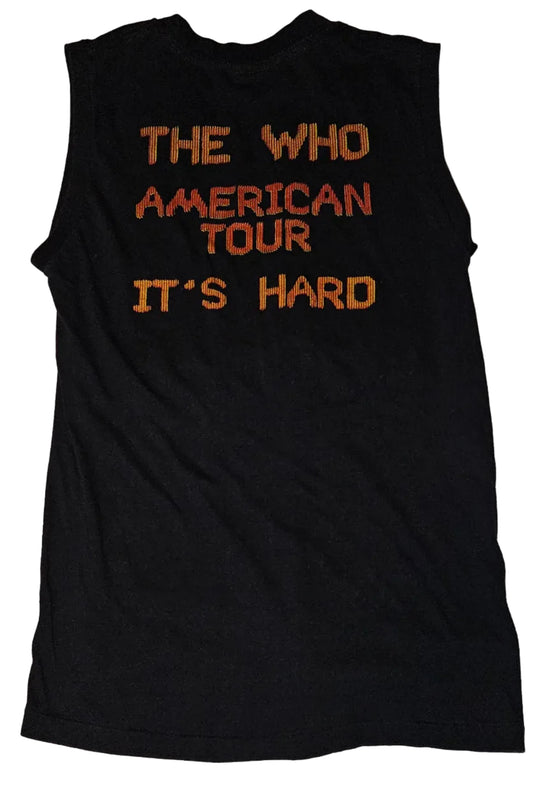 Back of black sleeveless crew shirt reading The Who American Tour It's Hard in orange and red lettering