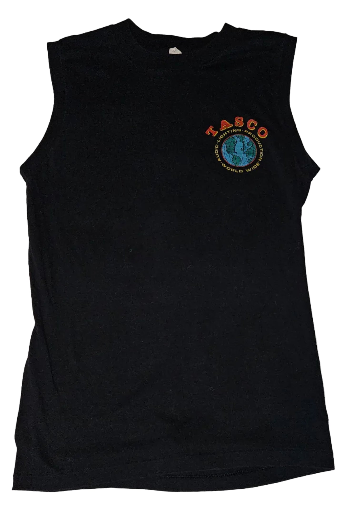 Black sleeveless crew shirt with TASCO Audio Lighting Production World Wide globe logo on left chest