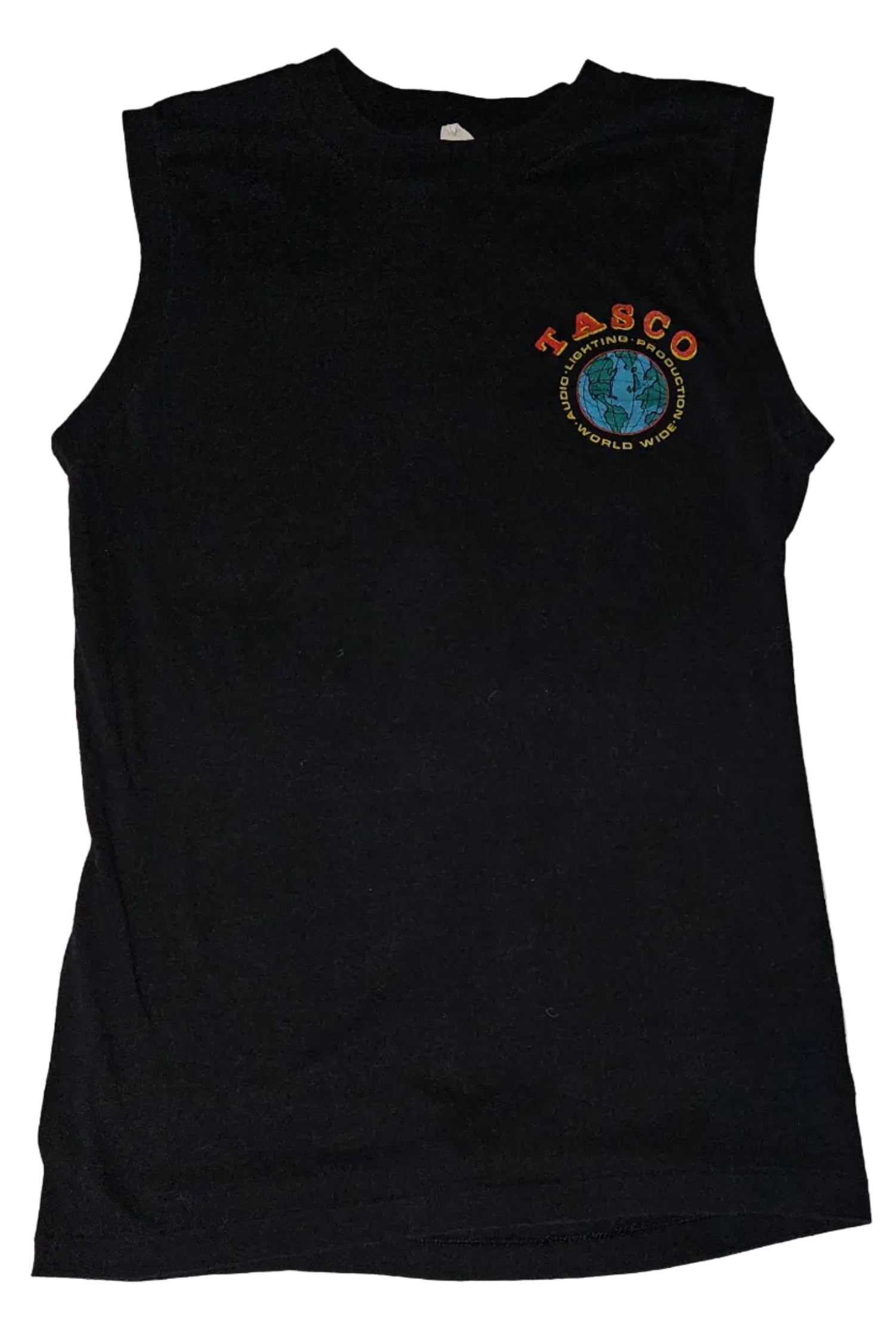 Black sleeveless crew shirt with TASCO Audio Lighting Production World Wide globe logo on left chest