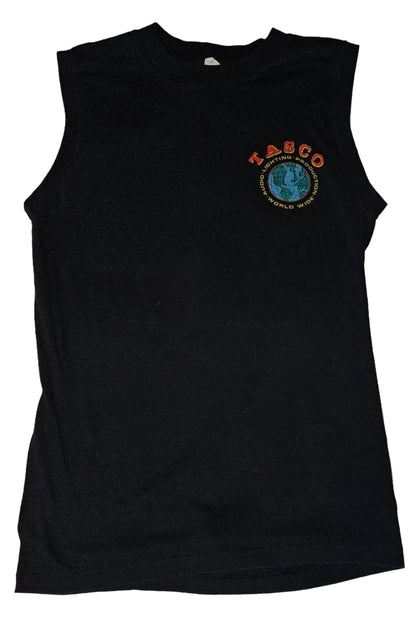 Black sleeveless crew shirt with TASCO Audio Lighting Production World Wide globe logo on left chest
