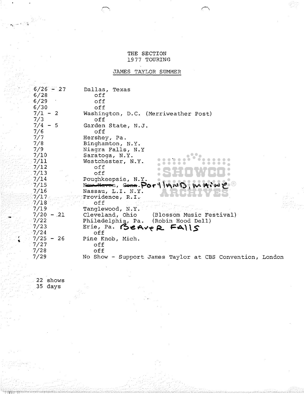 The Section 1977 Touring — Jackson Browne Summer Tour Itinerary