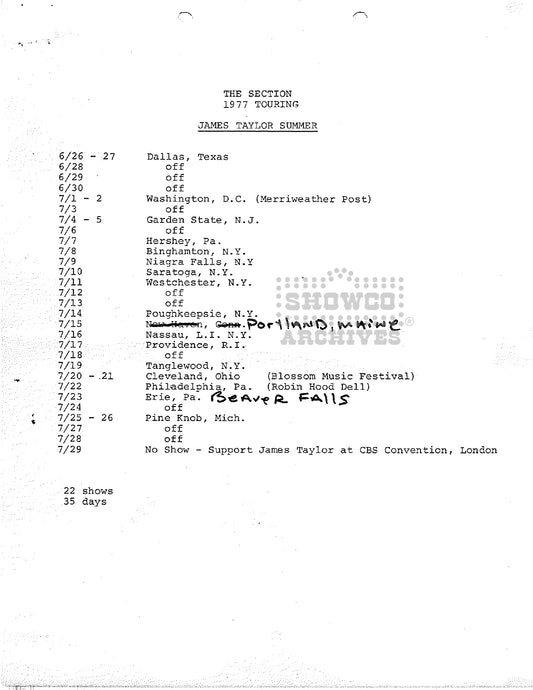 The Section 1977 Touring — Jackson Browne Summer Tour Itinerary