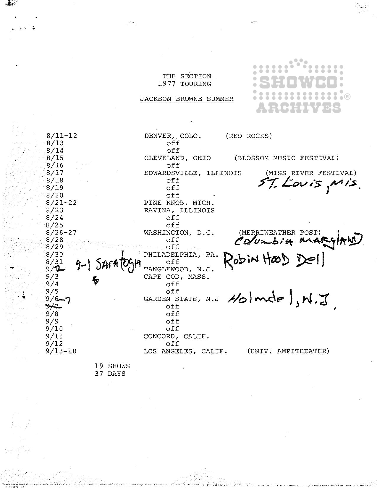 The Section 1977 Touring — James Taylor Summer Tour Itinerary