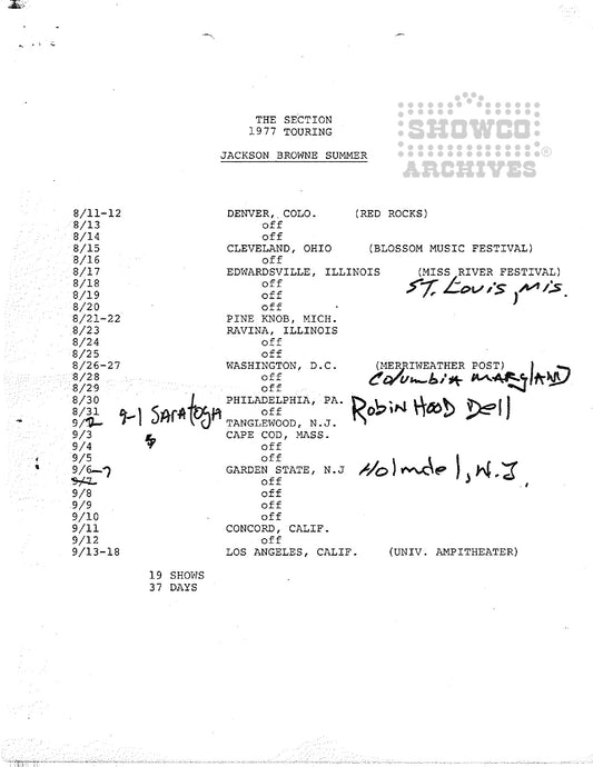 The Section 1977 Touring — James Taylor Summer Tour Itinerary