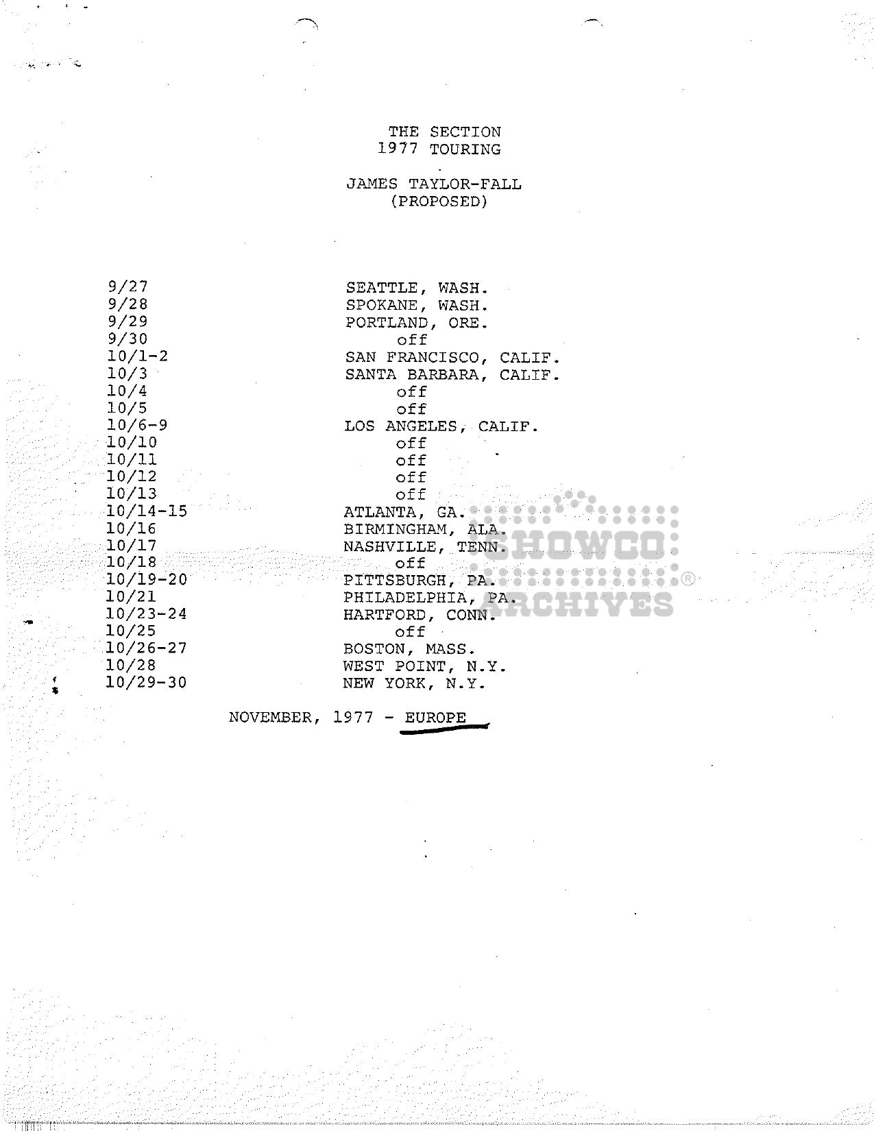 The Section 1977 Touring — James Taylor Fall Tour Itinerary (Proposed)