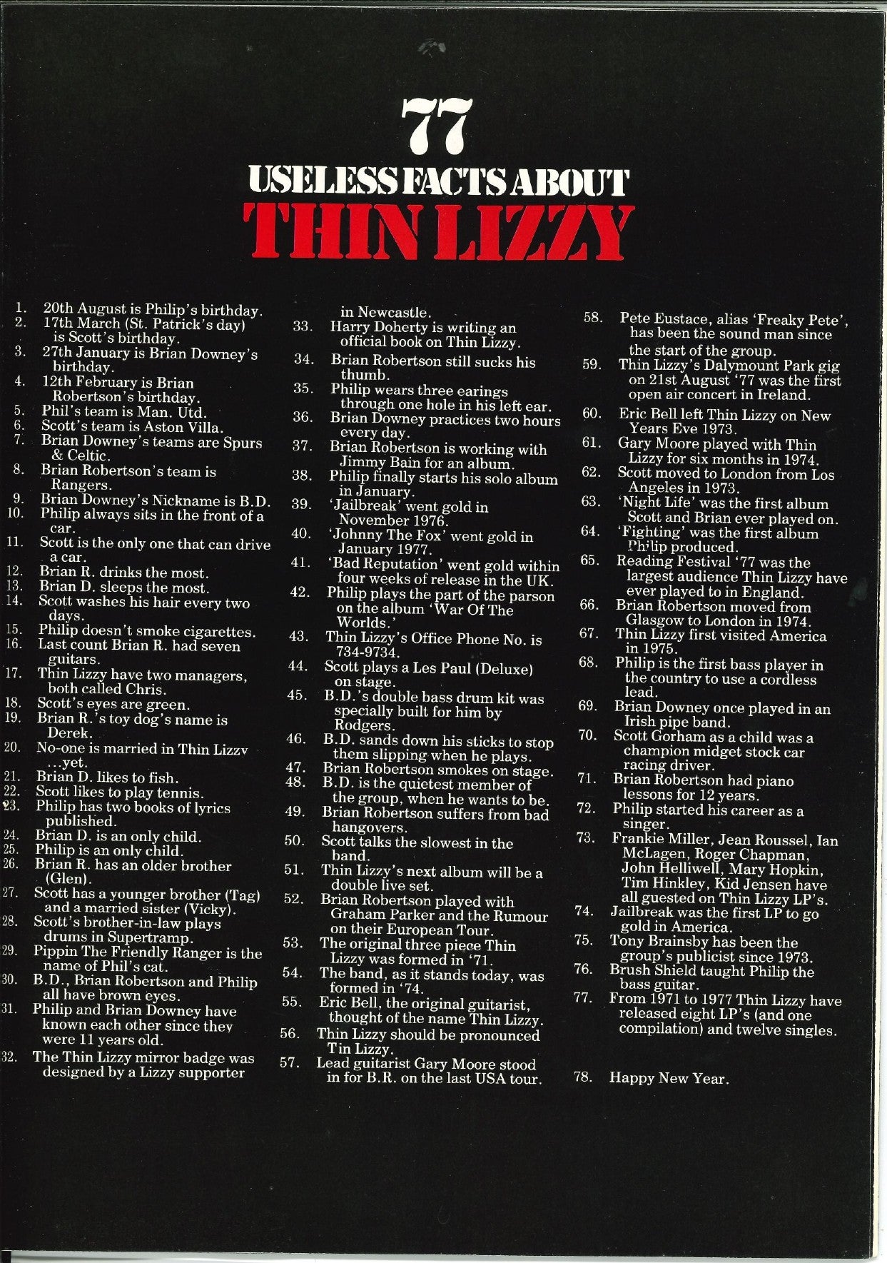 Thin Lizzy 1977 tour programme - interior page