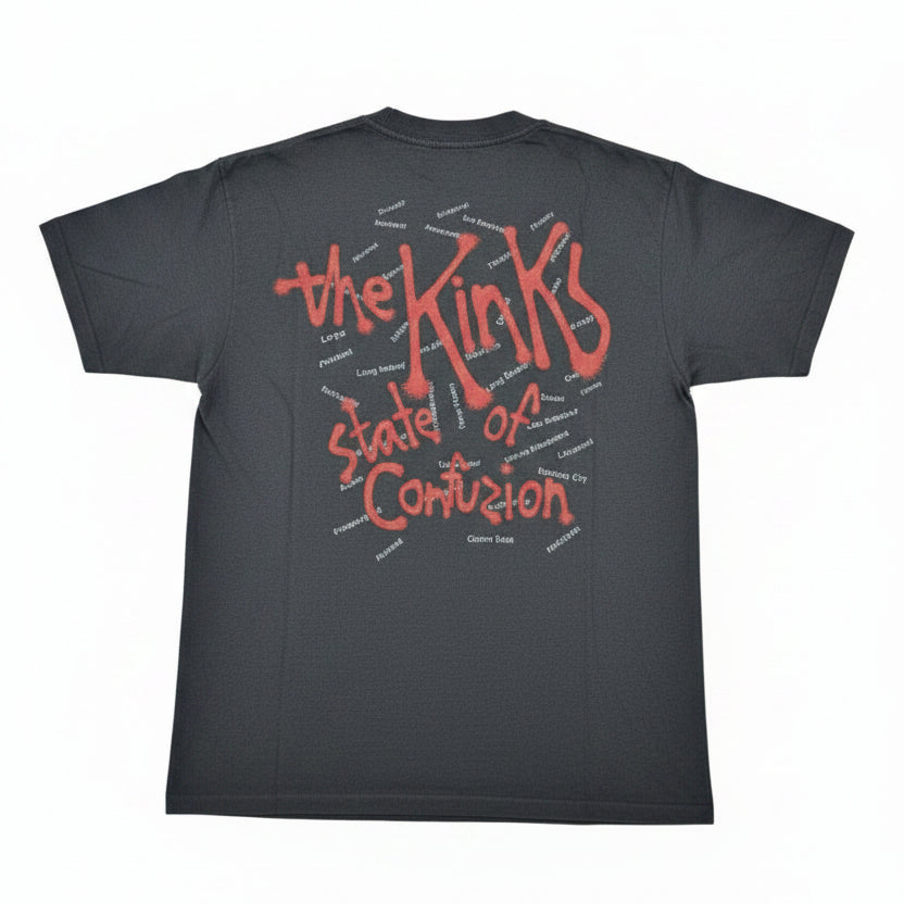 Back of black The Kinks tour tee reading State of Confusion in red dripping script with full US tour city list