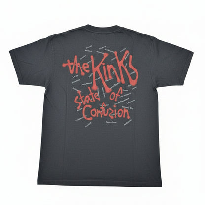 Back of black The Kinks tour tee reading State of Confusion in red dripping script with full US tour city list