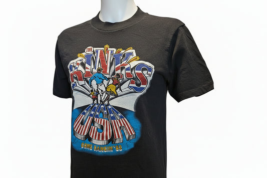 Black The Kinks USA Come Dancin' 83 tour tee front with Union Jack and Stars and Stripes lettering and boxing figures graphic