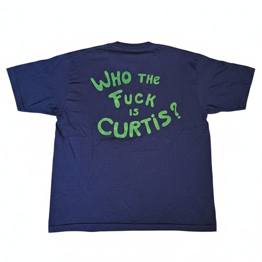 Who The F*** Is Curtis tour crew tee - back with same bold green text on navy