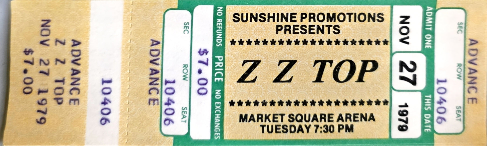 ZZ Top Market Square Arena November 27 1979 – lot of 4 advance tickets fanned out