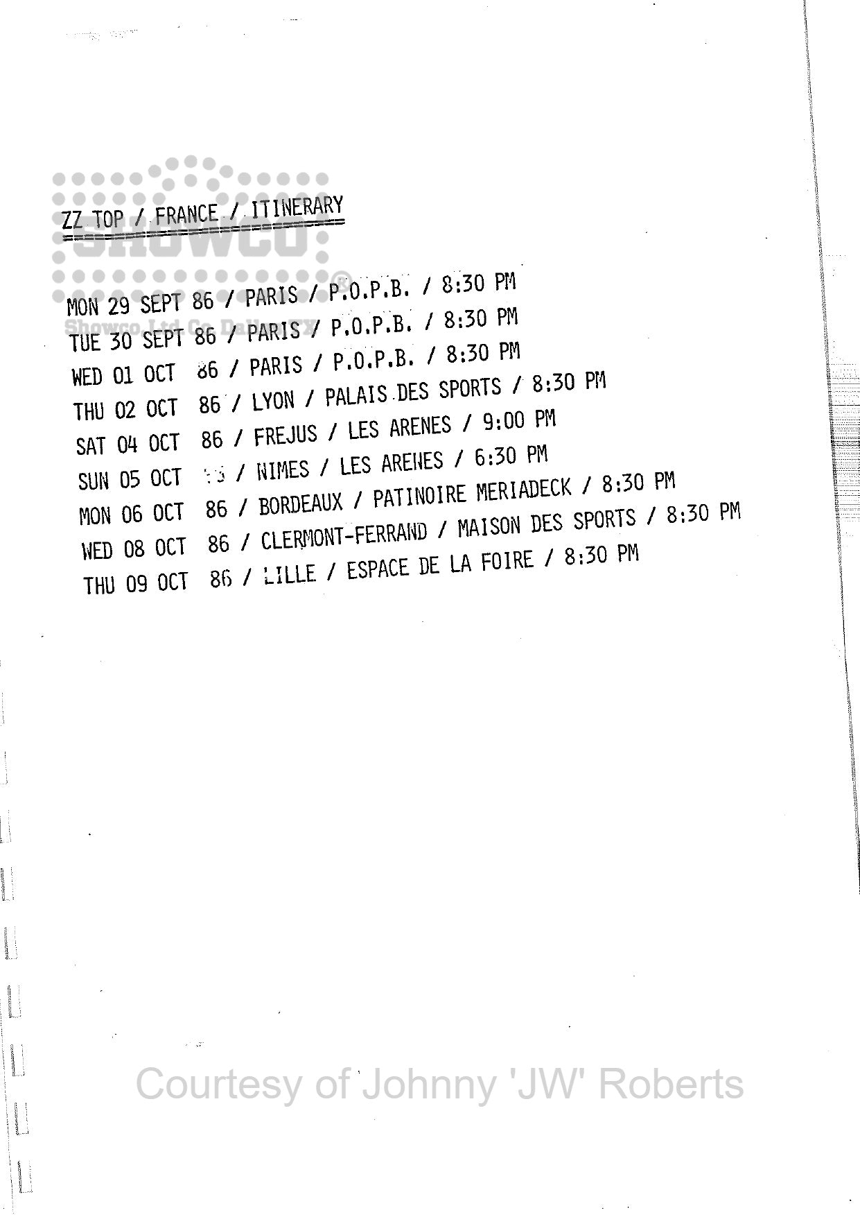 ZZ Top France September/October 1986 — Original Complete Tour Itinerary Booklet (JW Roberts Collection)
