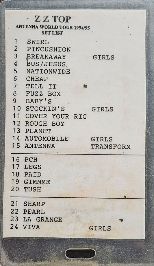 ZZ Top – Antenna World Tour 1994/95 Setlist Laminate | Johnny "JW" Roberts Closet