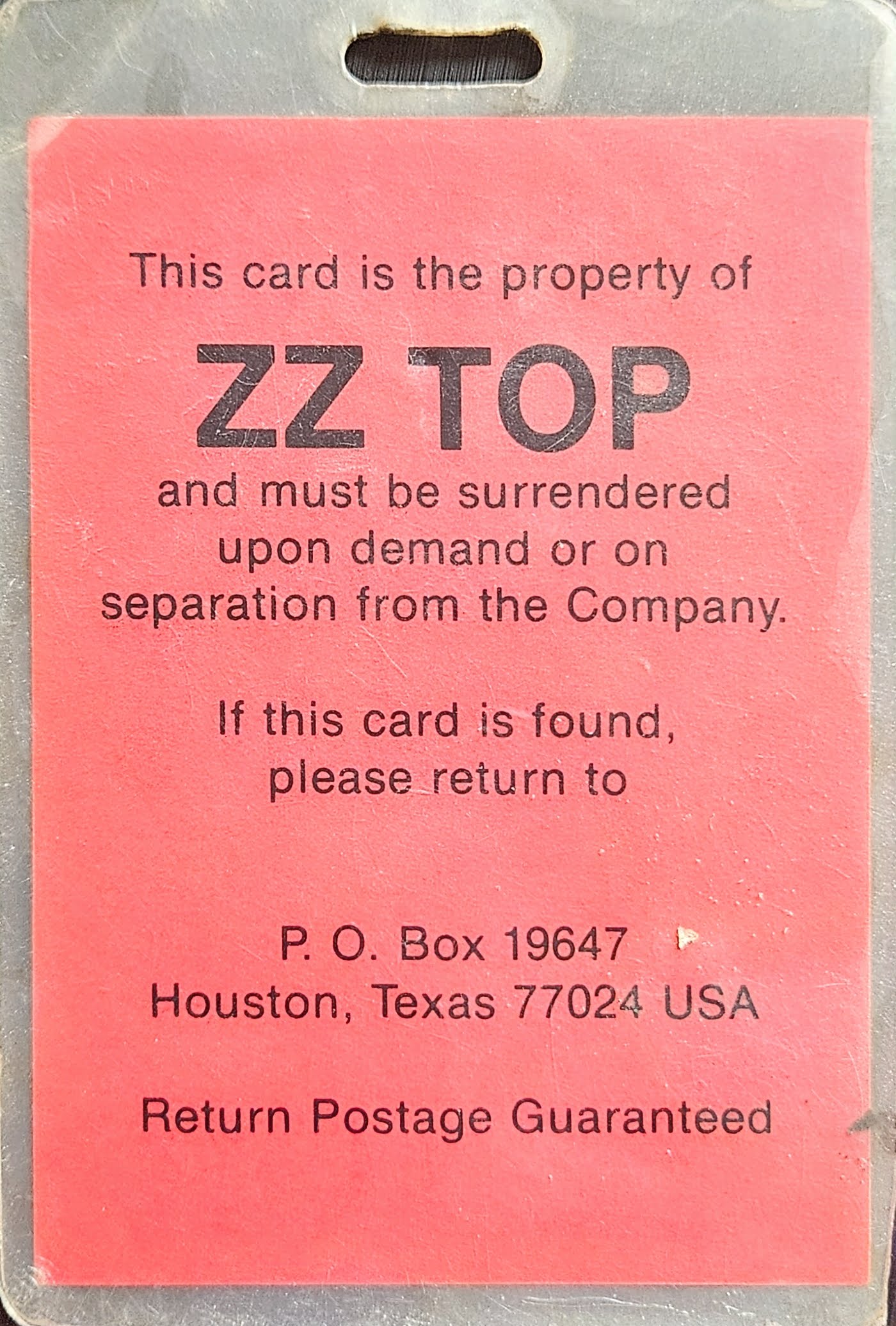 ZZ Top – Photo ID Tour Laminate | Johnny "JW" Roberts Closet