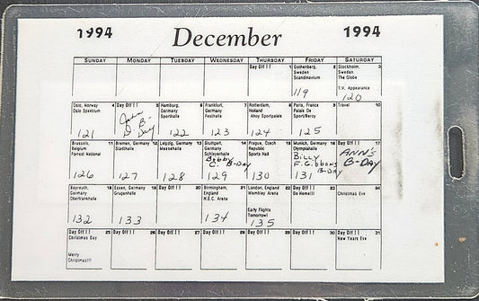 ZZ Top – Antenna World Tour 1994 Setlist & December Tour Calendar Laminate | Johnny "JW" Roberts Closet