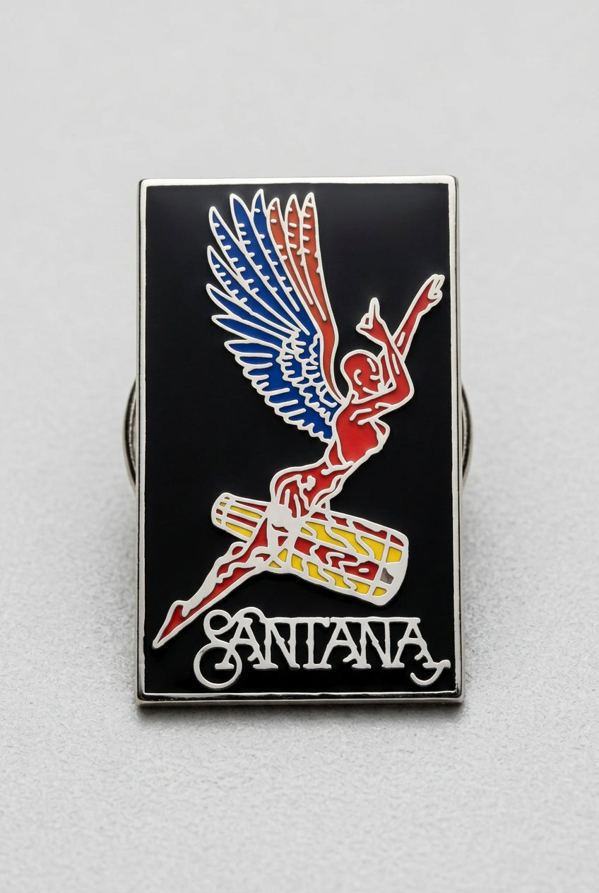 Santana winged figure enamel pin from Bruce Jones’s collection, front
