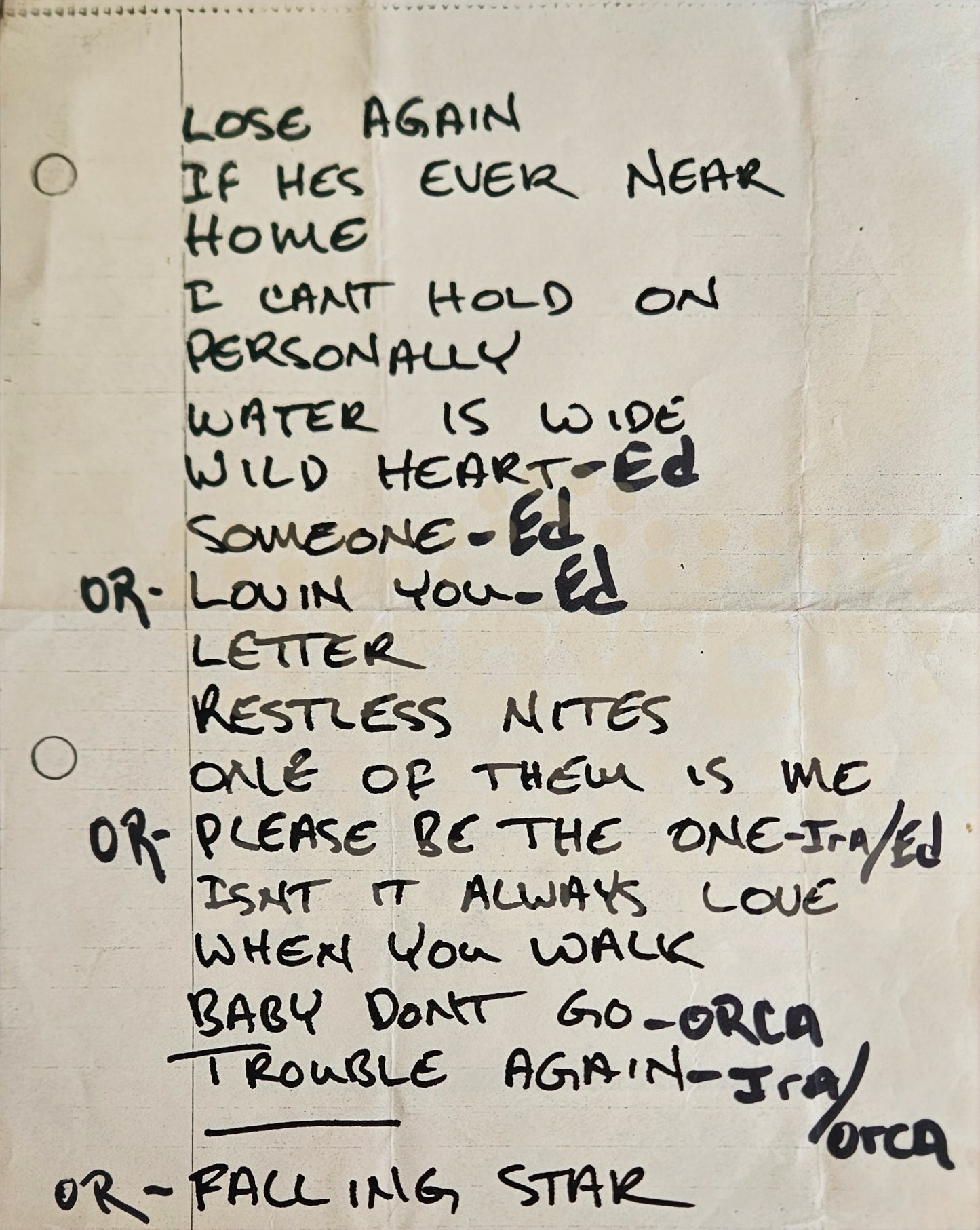 Karla Bonoff Setlist – Original Handwritten Concert Document