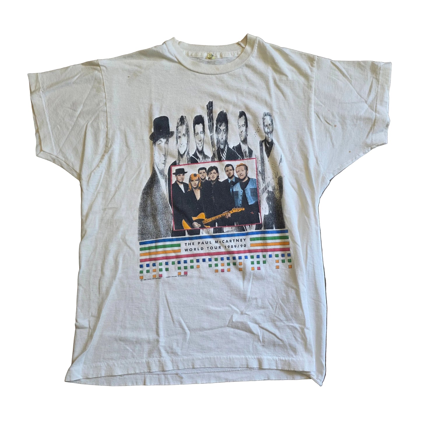 Paul McCartney World Tour 1989/90 tee - front with band photo and multicolor striped banner