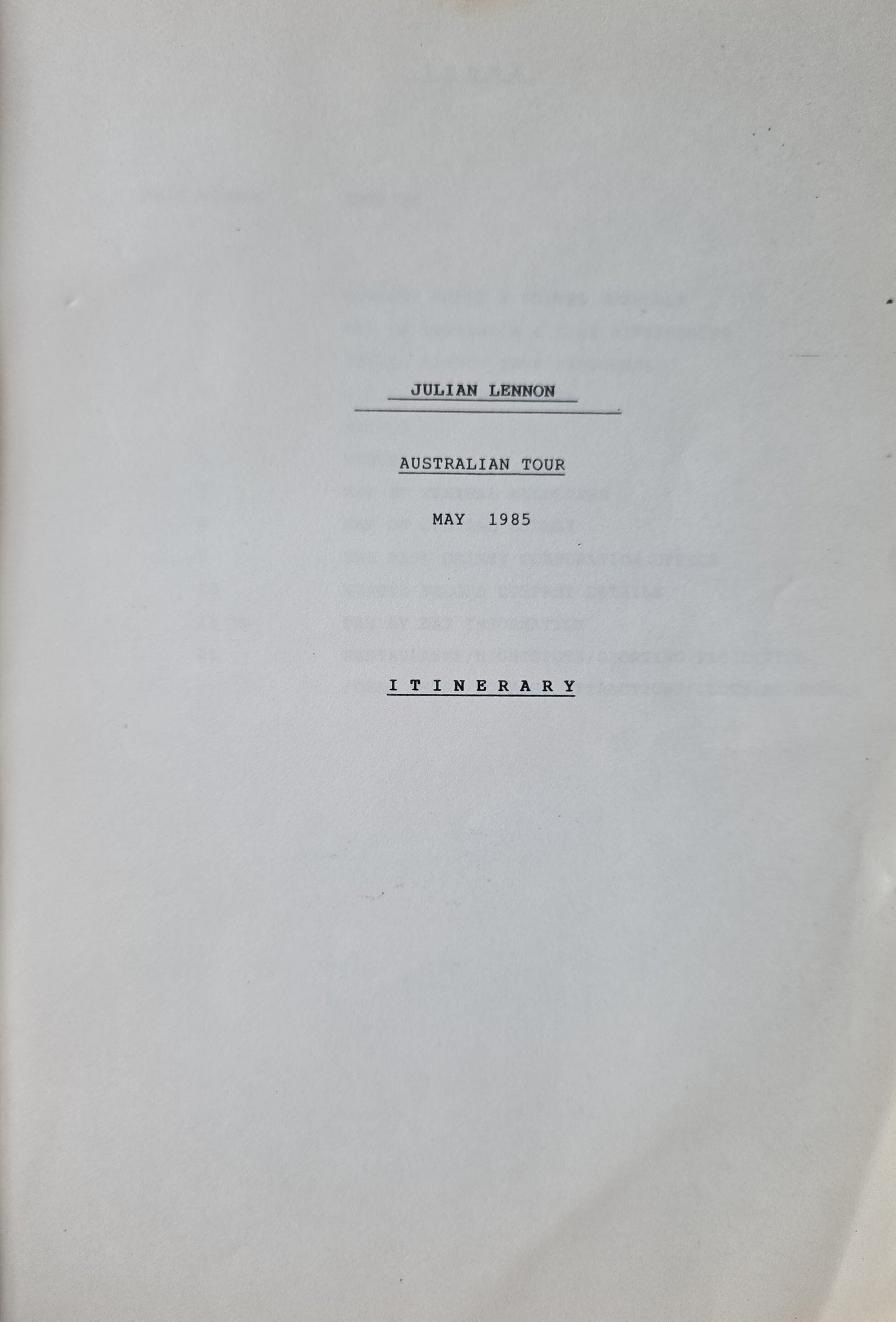 Julian Lennon — Australian Tour May 1985, Original Complete Tour Itinerary (JW Roberts Named on Flight Schedule)
