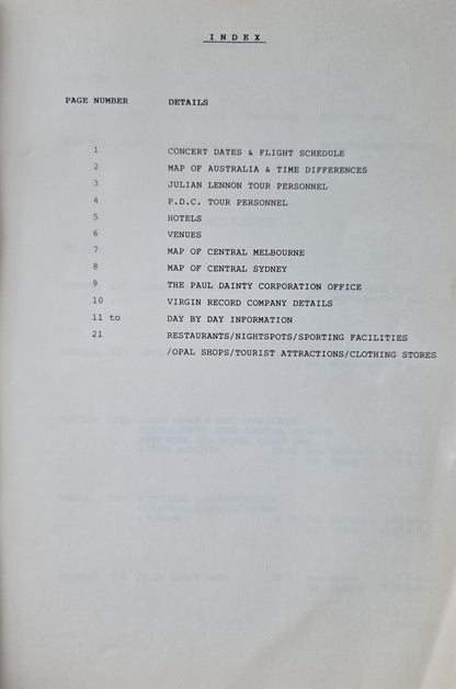 Julian Lennon — Australian Tour May 1985, Original Complete Tour Itinerary (JW Roberts Named on Flight Schedule)