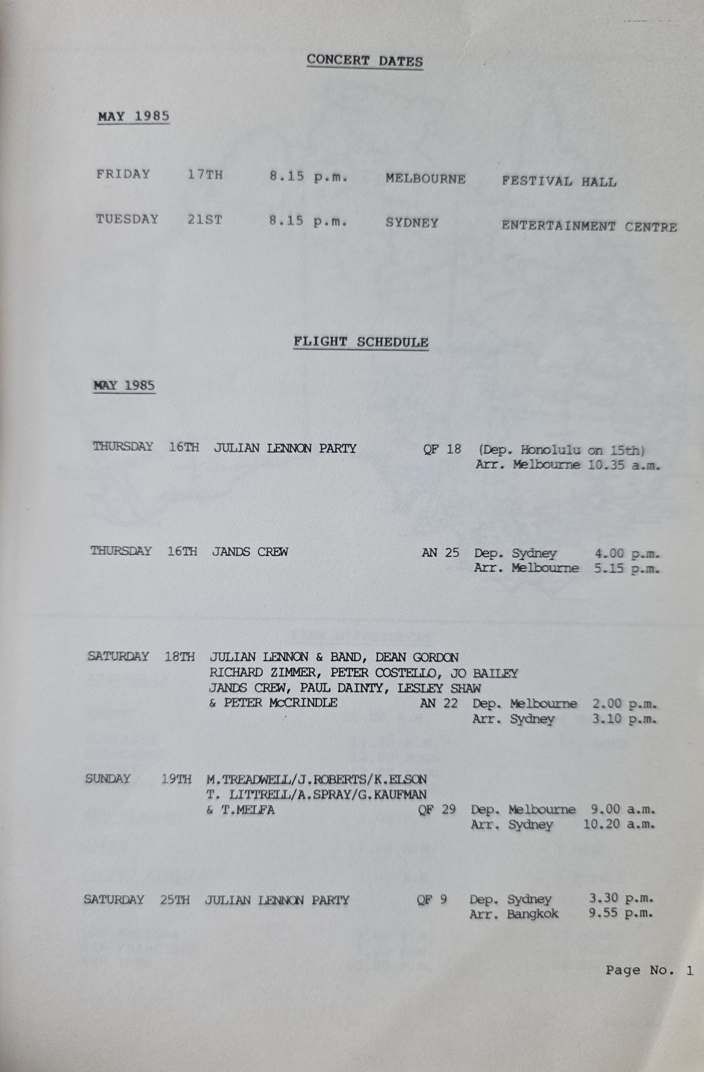 Julian Lennon — Australian Tour May 1985, Original Complete Tour Itinerary (JW Roberts Named on Flight Schedule)