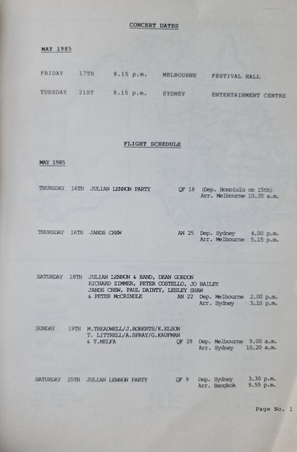 Julian Lennon — Australian Tour May 1985, Original Complete Tour Itinerary (JW Roberts Named on Flight Schedule)