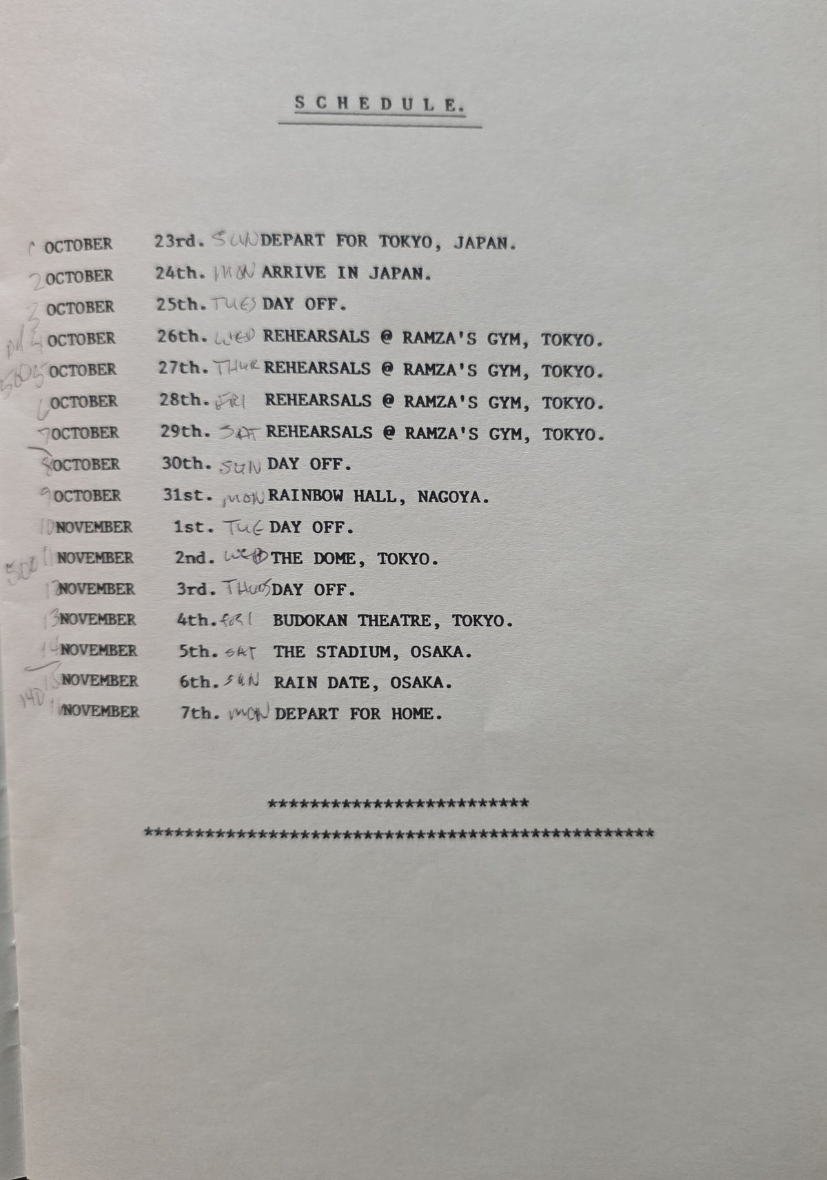 Eric Clapton 1988 Japan tour itinerary — October–November schedule