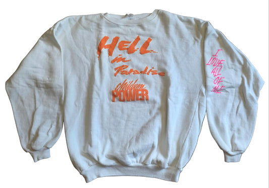 Yoko Ono Starpeace Tour 1985 sweatshirt - back with Starpeace lettering and I Love All of Me sleeve